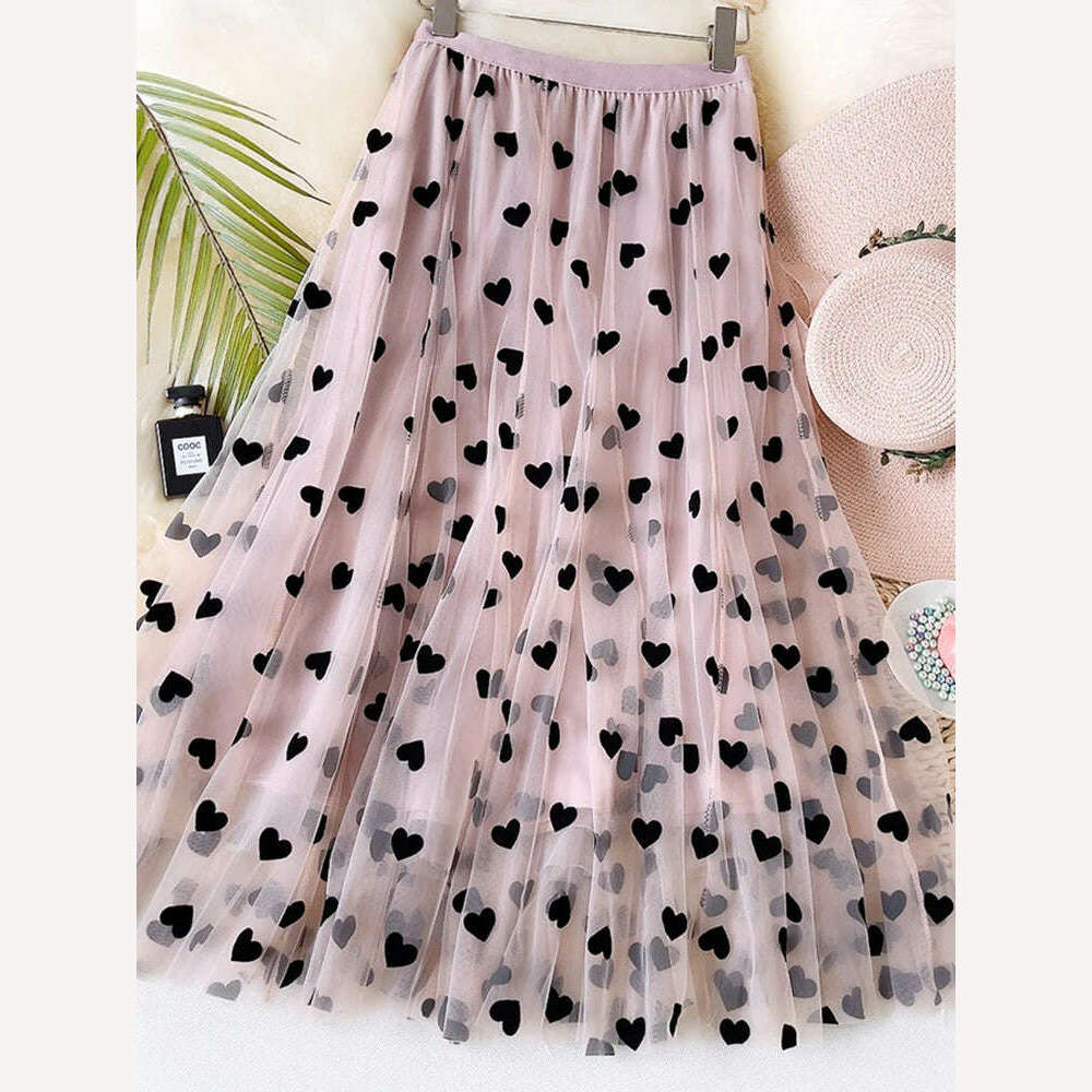 KIMLUD, TIGENA Tulle Maxi Skirt Women 2023 Spring Summer Korean Cute Heart Pattern Flocking Mesh Big Hem High Waist Long Skirt Female, Pink / One Size, KIMLUD APPAREL - Womens Clothes