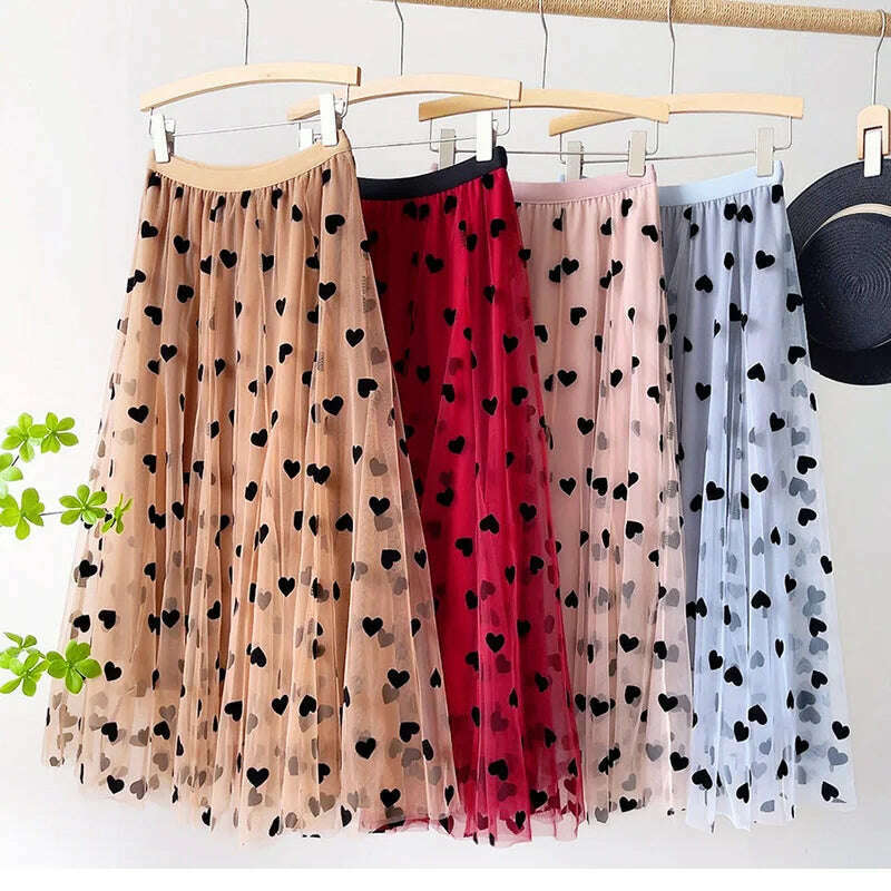 KIMLUD, TIGENA Tulle Maxi Skirt Women 2023 Spring Summer Korean Cute Heart Pattern Flocking Mesh Big Hem High Waist Long Skirt Female, KIMLUD Womens Clothes