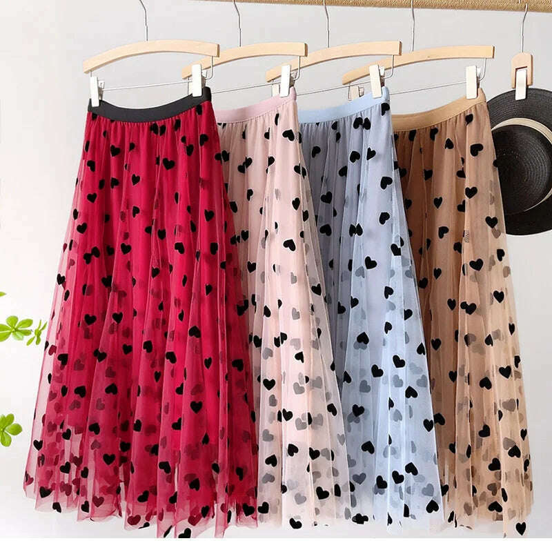 KIMLUD, TIGENA Tulle Maxi Skirt Women 2023 Spring Summer Korean Cute Heart Pattern Flocking Mesh Big Hem High Waist Long Skirt Female, KIMLUD Womens Clothes