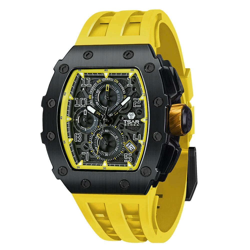 KIMLUD, TSAR BOMBA Watch for Men Top Brand Luxury Waterproof Quartz Wristwatch Tonneau Clock Gift Chronograph Rectangle Mens Watch, Yellow / United States, KIMLUD Womens Clothes