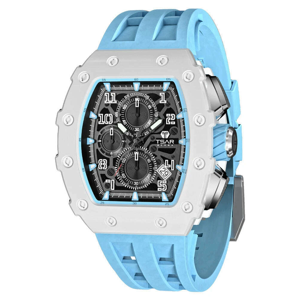 KIMLUD, TSAR BOMBA Watch for Men Top Brand Luxury Waterproof Quartz Wristwatch Tonneau Clock Gift Chronograph Rectangle Mens Watch, Light Blue White / CHINA, KIMLUD Womens Clothes
