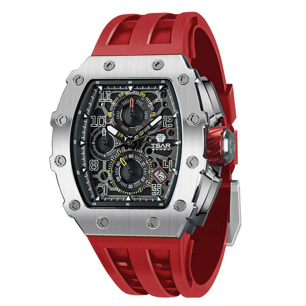 KIMLUD, TSAR BOMBA Watch for Men Top Brand Luxury Waterproof Quartz Wristwatch Tonneau Clock Gift Chronograph Rectangle Mens Watch, Red / CHINA, KIMLUD APPAREL - Womens Clothes