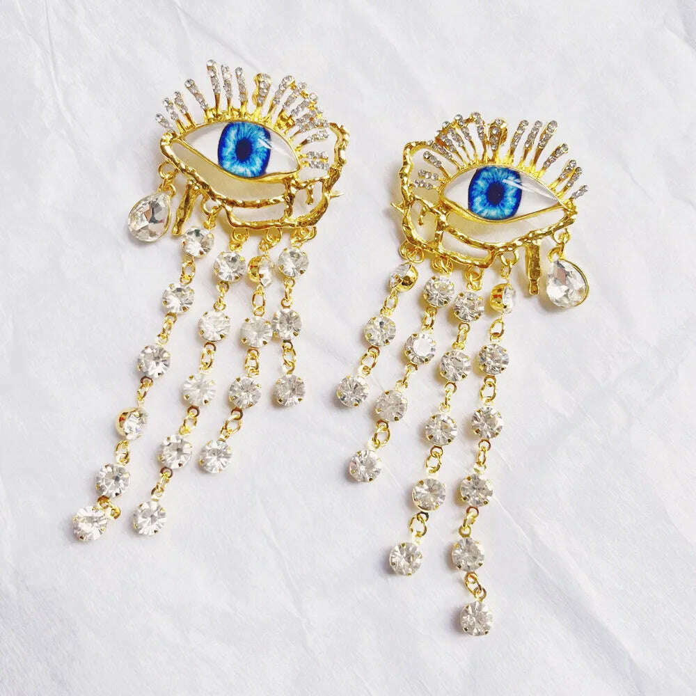KIMLUD, Vintage Ethnic Golden Eyes Chain Dangle Earrings For Women Fashion Jewelry Baroque Style Lady Statement Earrings Accessories, KIMLUD Womens Clothes