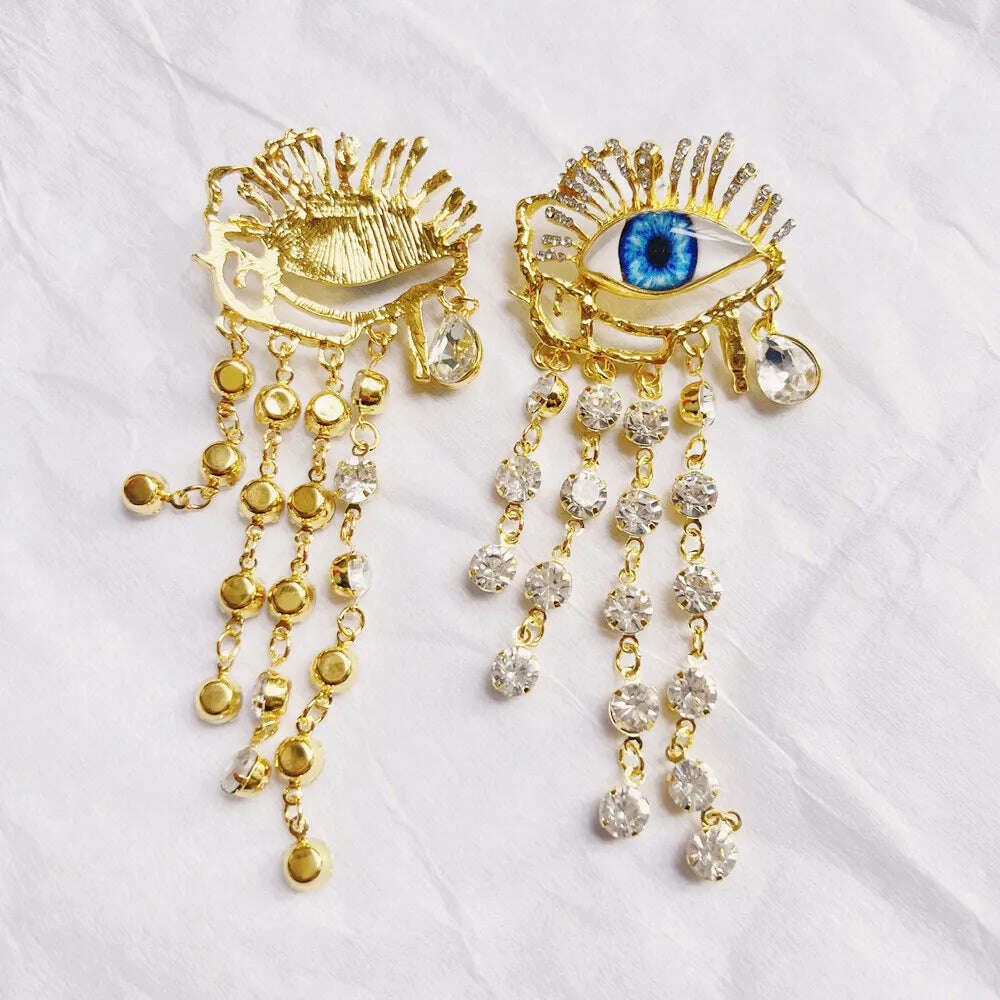 KIMLUD, Vintage Ethnic Golden Eyes Chain Dangle Earrings For Women Fashion Jewelry Baroque Style Lady Statement Earrings Accessories, KIMLUD Womens Clothes