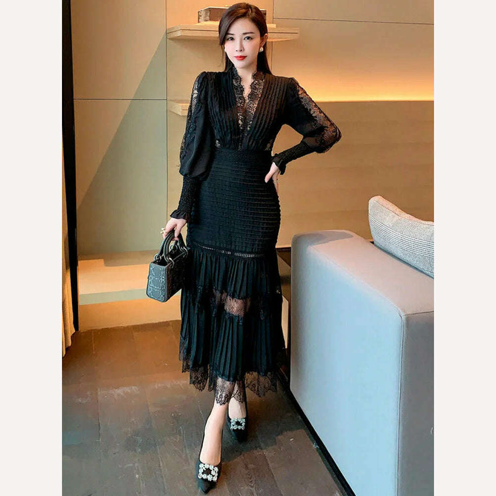 KIMLUD, VKBN Maxi Dresses for Women Casual Lantern Sleeve V-Neck Patchwork Design Dress Lace Party Night Elegant Vestidos De Fiesta, black / S, KIMLUD APPAREL - Womens Clothes
