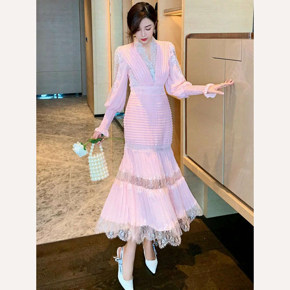 KIMLUD, VKBN Maxi Dresses for Women Casual Lantern Sleeve V-Neck Patchwork Design Dress Lace Party Night Elegant Vestidos De Fiesta, Pink / L, KIMLUD APPAREL - Womens Clothes