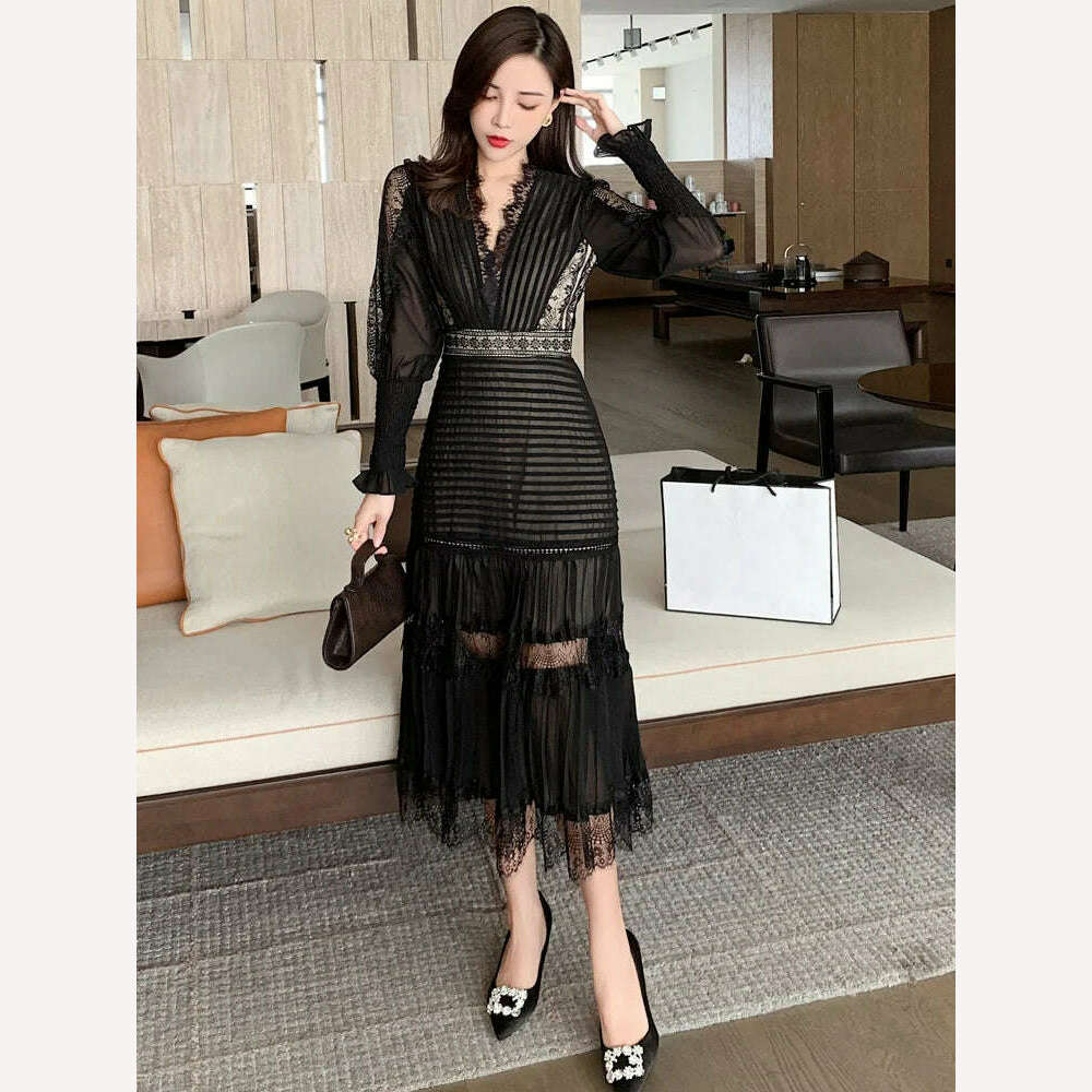 KIMLUD, VKBN Maxi Dresses for Women Casual Lantern Sleeve V-Neck Patchwork Design Dress Lace Party Night Elegant Vestidos De Fiesta, Black 2 / S, KIMLUD APPAREL - Womens Clothes
