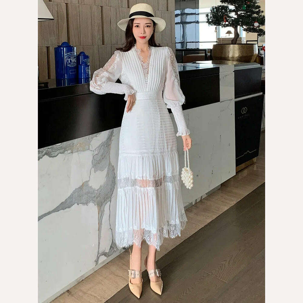 KIMLUD, VKBN Maxi Dresses for Women Casual Lantern Sleeve V-Neck Patchwork Design Dress Lace Party Night Elegant Vestidos De Fiesta, WHITE / M, KIMLUD APPAREL - Womens Clothes
