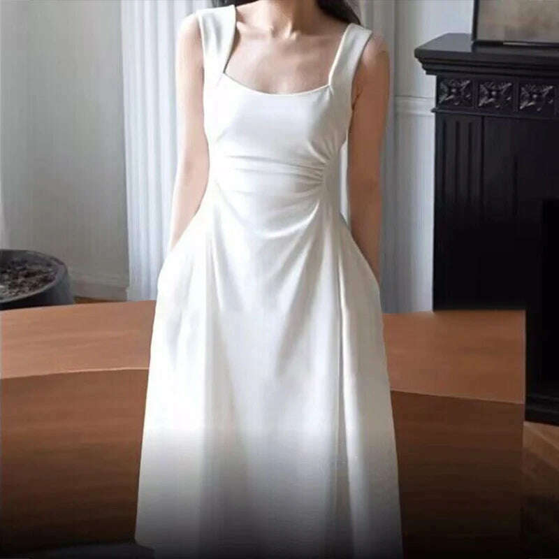 KIMLUD, White Square Neck Halter Midi Dress Women Summer Casual Sleeveless Seaside Vacation Beach Dresses with Pockets 2024 New, WHITE / S, KIMLUD Women's Clothes