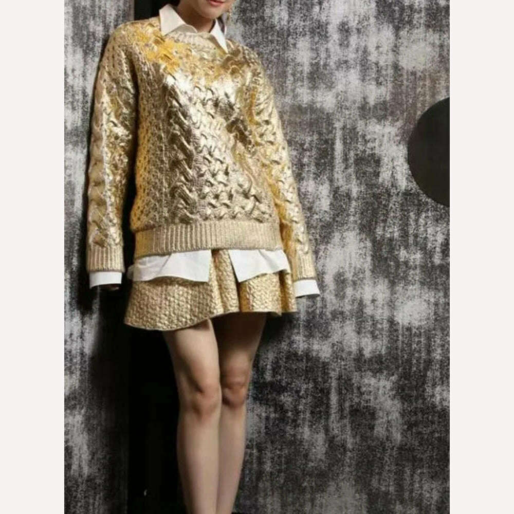 KIMLUD, Women Chic Sparkling Gold Pullover Sweater Fashion Long Sleeve O-neck Braid Jumper Top Female 2023 Fashion High Street Knitwear, KIMLUD Womens Clothes