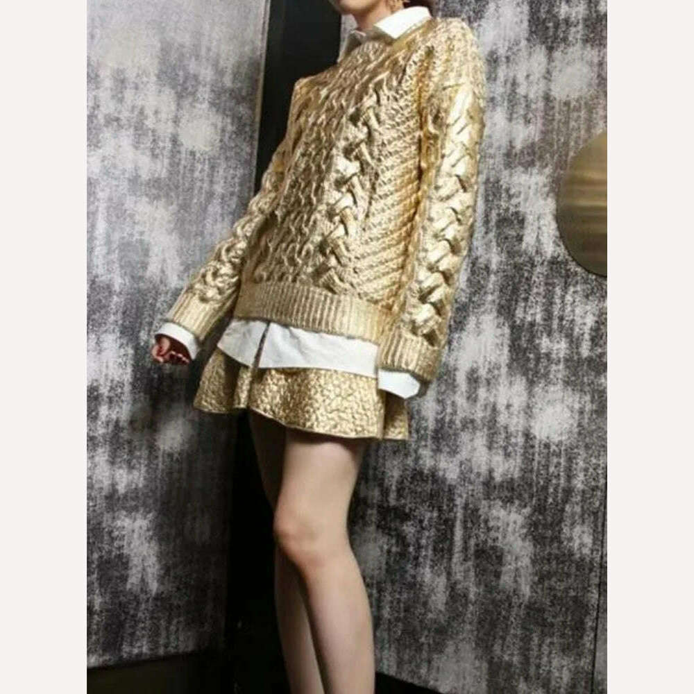 KIMLUD, Women Chic Sparkling Gold Pullover Sweater Fashion Long Sleeve O-neck Braid Jumper Top Female 2023 Fashion High Street Knitwear, KIMLUD Womens Clothes