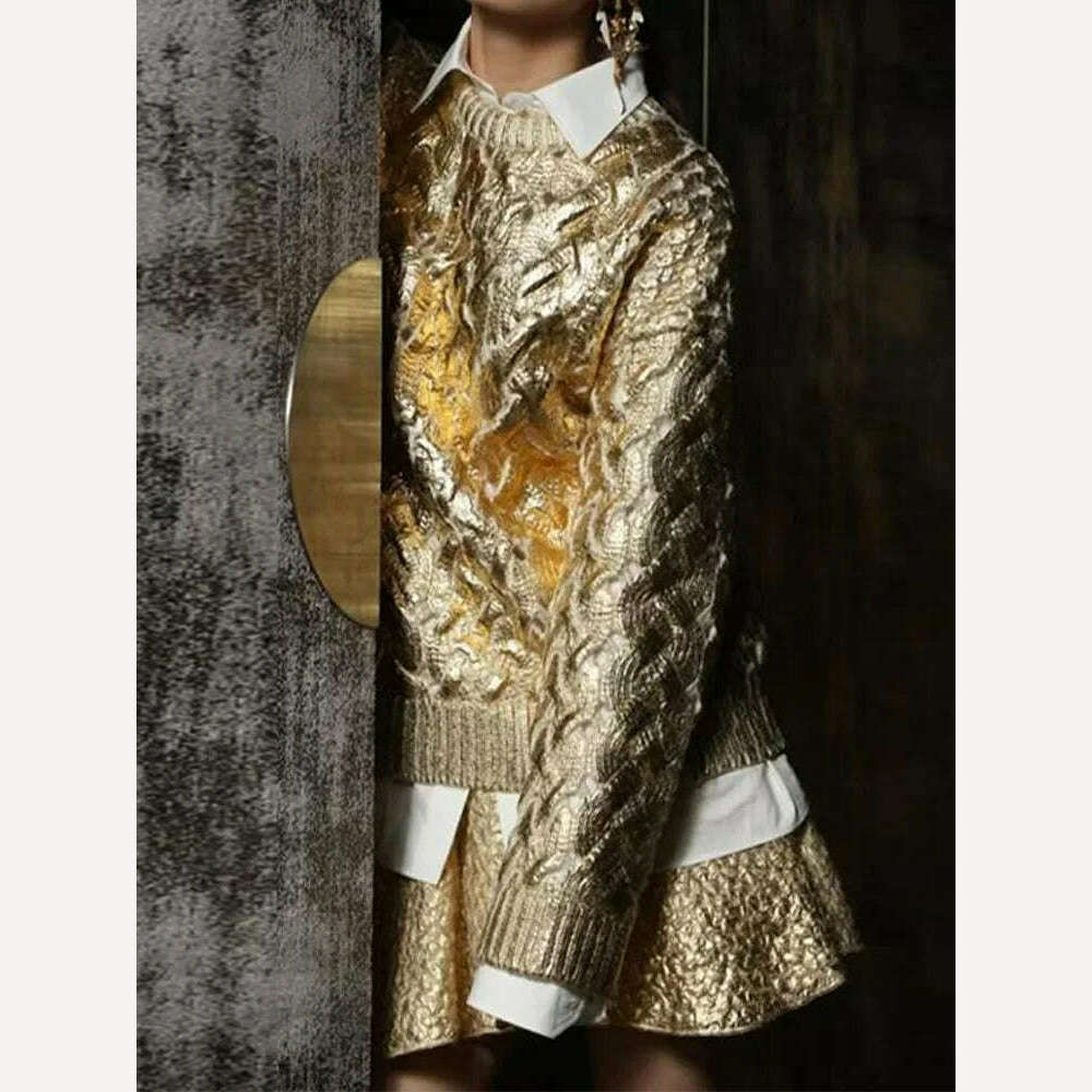 KIMLUD, Women Chic Sparkling Gold Pullover Sweater Fashion Long Sleeve O-neck Braid Jumper Top Female 2023 Fashion High Street Knitwear, KIMLUD Womens Clothes