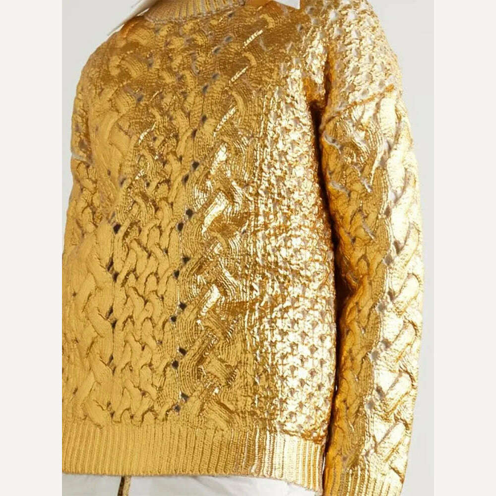 KIMLUD, Women Chic Sparkling Gold Pullover Sweater Fashion Long Sleeve O-neck Braid Jumper Top Female 2023 Fashion High Street Knitwear, KIMLUD Womens Clothes