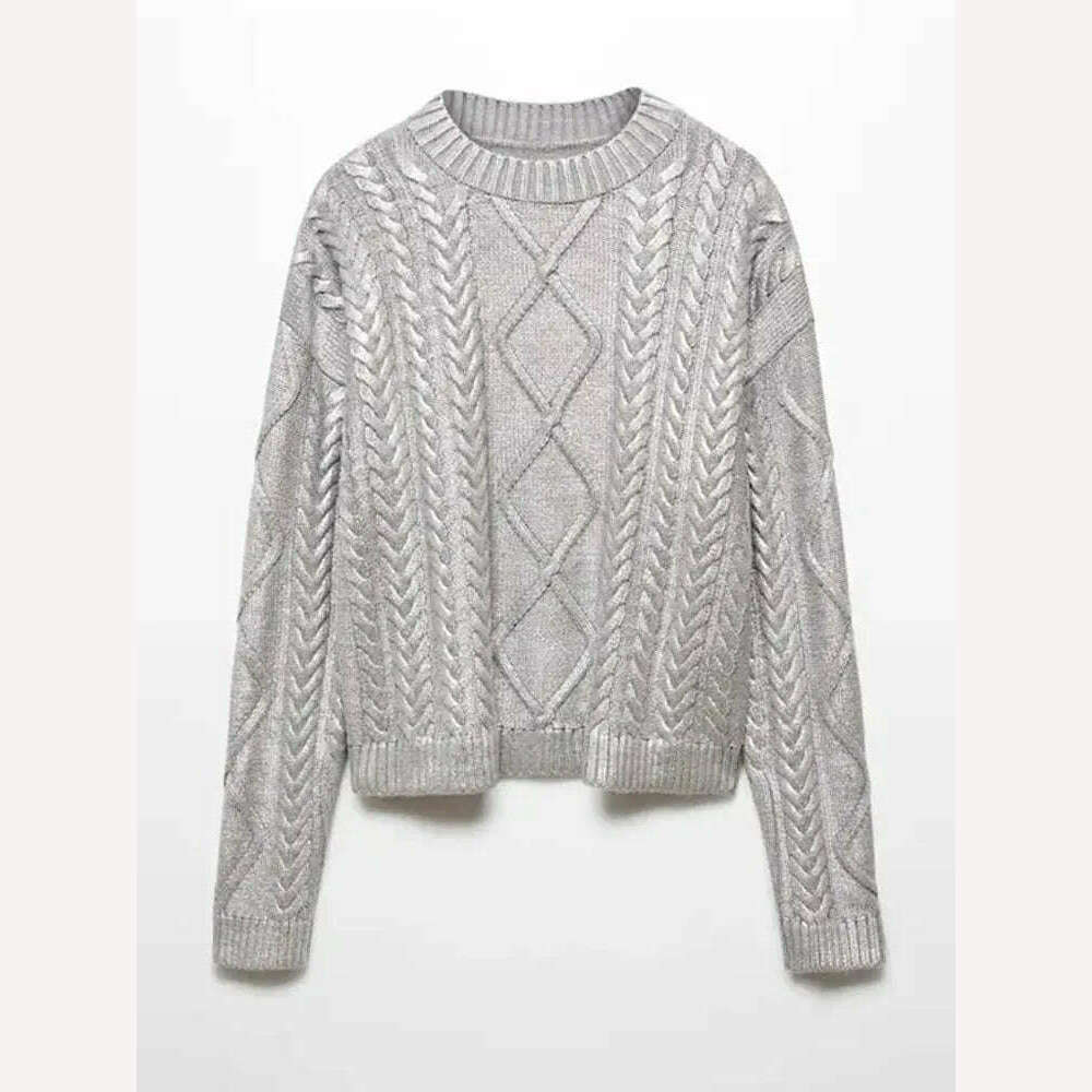 KIMLUD, Women Chic Sparkling Gold Pullover Sweater Fashion Long Sleeve O-neck Braid Jumper Top Female 2023 Fashion High Street Knitwear, sliver / L, KIMLUD APPAREL - Womens Clothes