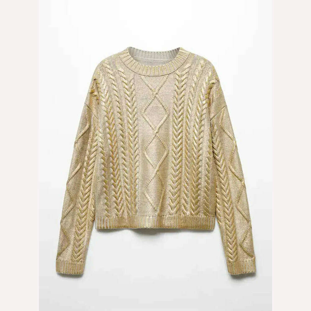KIMLUD, Women Chic Sparkling Gold Pullover Sweater Fashion Long Sleeve O-neck Braid Jumper Top Female 2023 Fashion High Street Knitwear, gold 2 / S, KIMLUD APPAREL - Womens Clothes