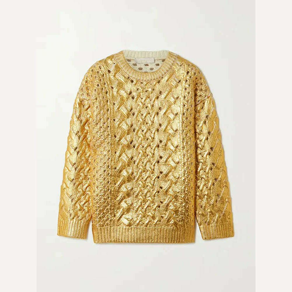 KIMLUD, Women Chic Sparkling Gold Pullover Sweater Fashion Long Sleeve O-neck Braid Jumper Top Female 2023 Fashion High Street Knitwear, gold 1 / L, KIMLUD APPAREL - Womens Clothes