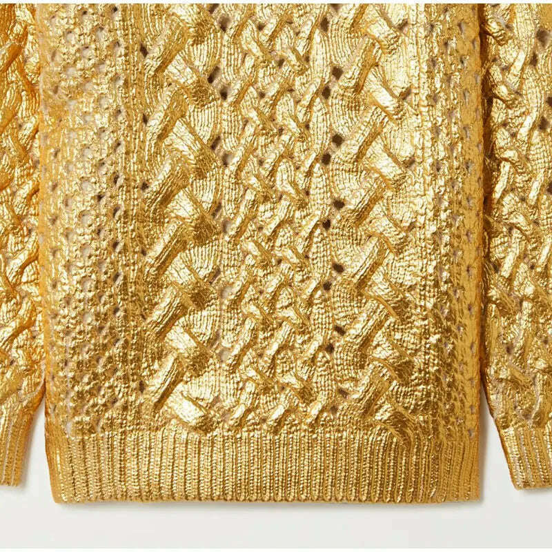 KIMLUD, Women Chic Sparkling Gold Pullover Sweater Fashion Long Sleeve O-neck Braid Jumper Top Female 2023 Fashion High Street Knitwear, KIMLUD Womens Clothes