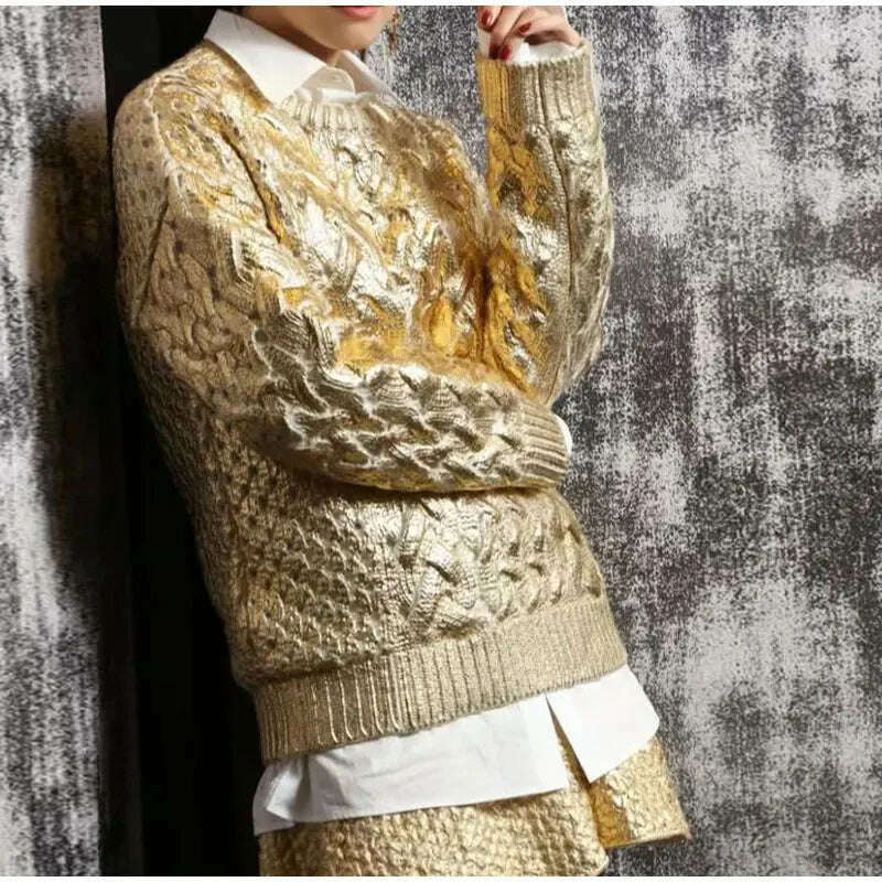 KIMLUD, Women Chic Sparkling Gold Pullover Sweater Fashion Long Sleeve O-neck Braid Jumper Top Female 2023 Fashion High Street Knitwear, KIMLUD Womens Clothes