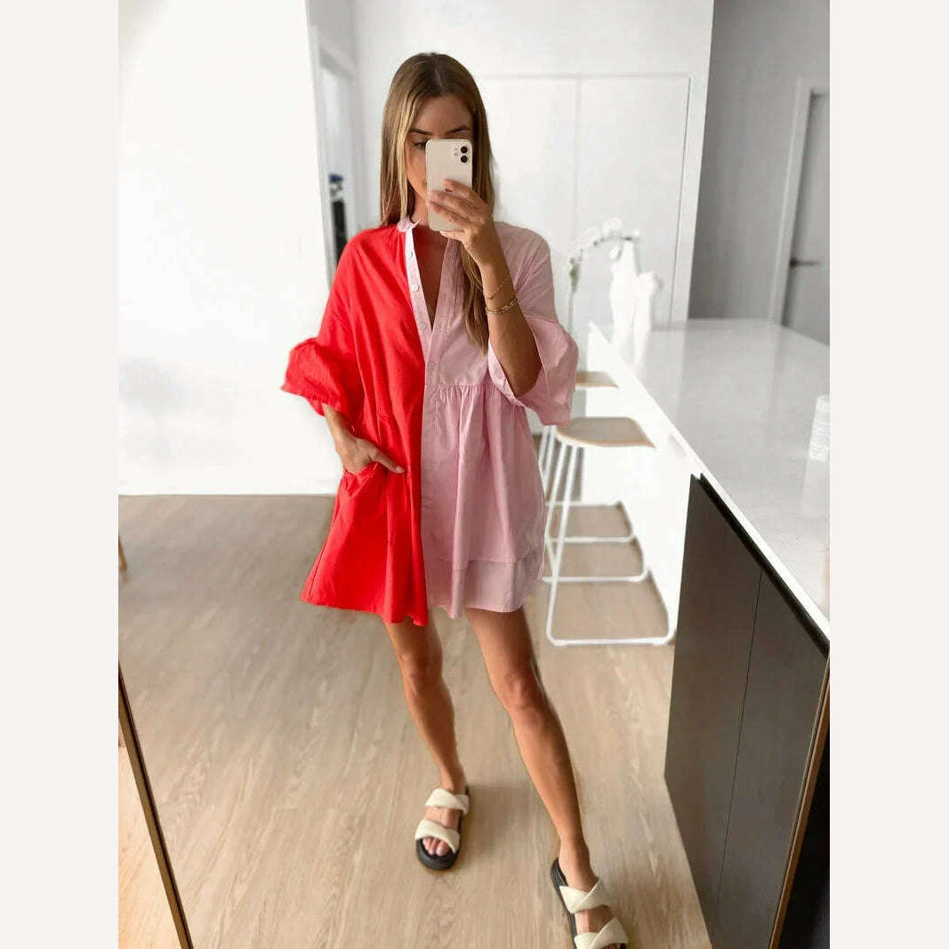 KIMLUD, Women Dresses Patchwork Tiered Ruffle Layer Floral Balloon Vintage Elegant Flared Half Sleeve O-Neck Dress Relaxed Mini Dresses, Red / XS, KIMLUD APPAREL - Womens Clothes