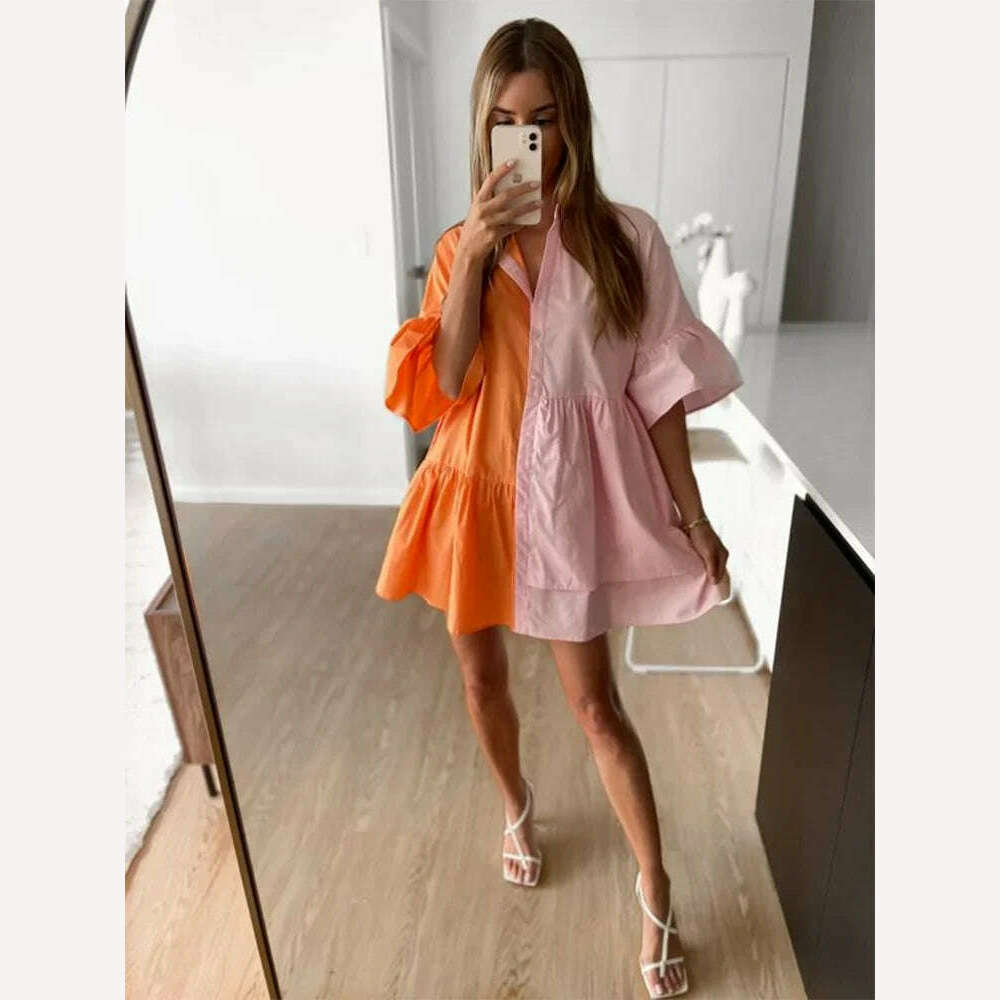 KIMLUD, Women Dresses Patchwork Tiered Ruffle Layer Floral Balloon Vintage Elegant Flared Half Sleeve O-Neck Dress Relaxed Mini Dresses, Orange / XS, KIMLUD Women's Clothes