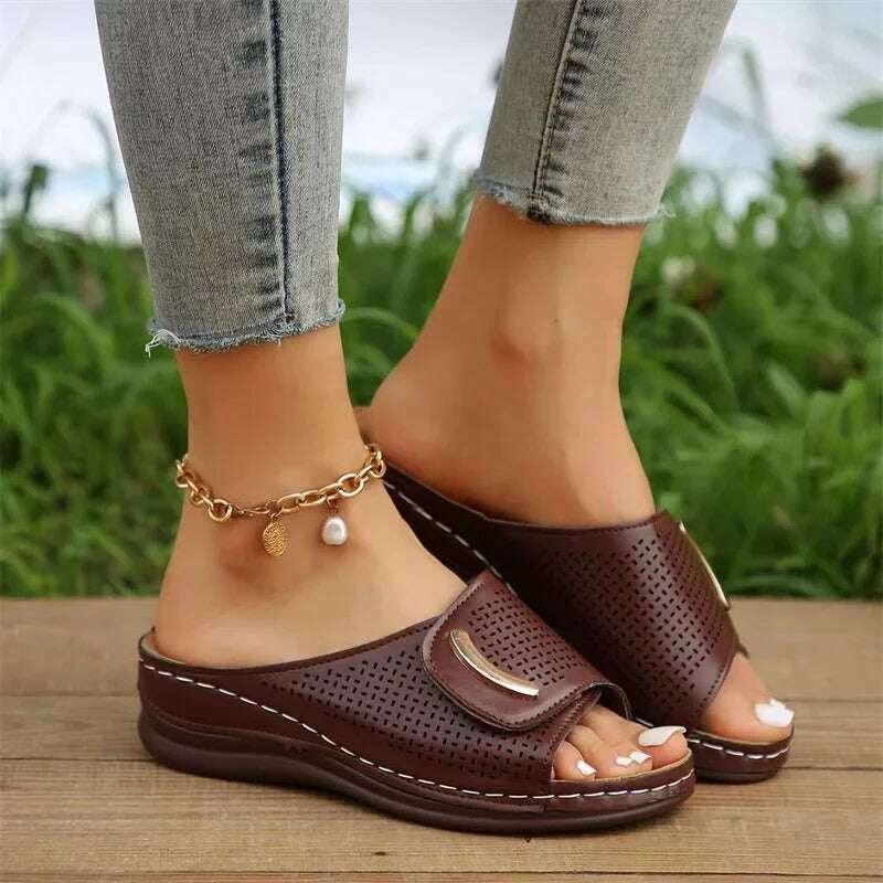 KIMLUD, Women Hollow Out Wedge Slippers Women 2024 Summer Comfy Breathable Platform Sandals Woman Non Slip Flip Flops Plus Size 41 Mujer, 42 / Burgundy, KIMLUD APPAREL - Womens Clothes