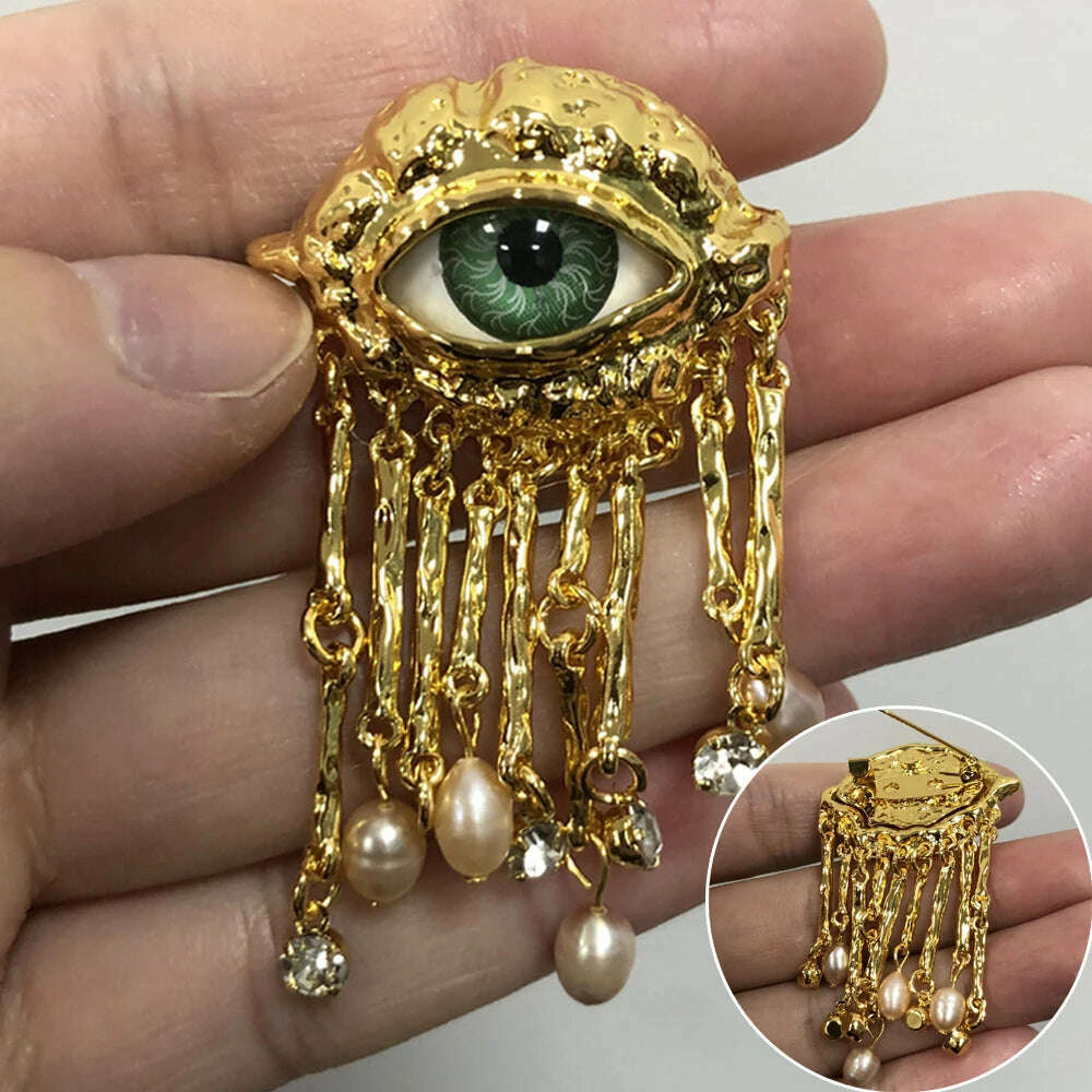 Women Men Vintage Eyes of Demon Brooch Pins Exaggerated Trendy Style Imitated Pearl Delicate Tassels Metal Badge Jewelry - KIMLUD