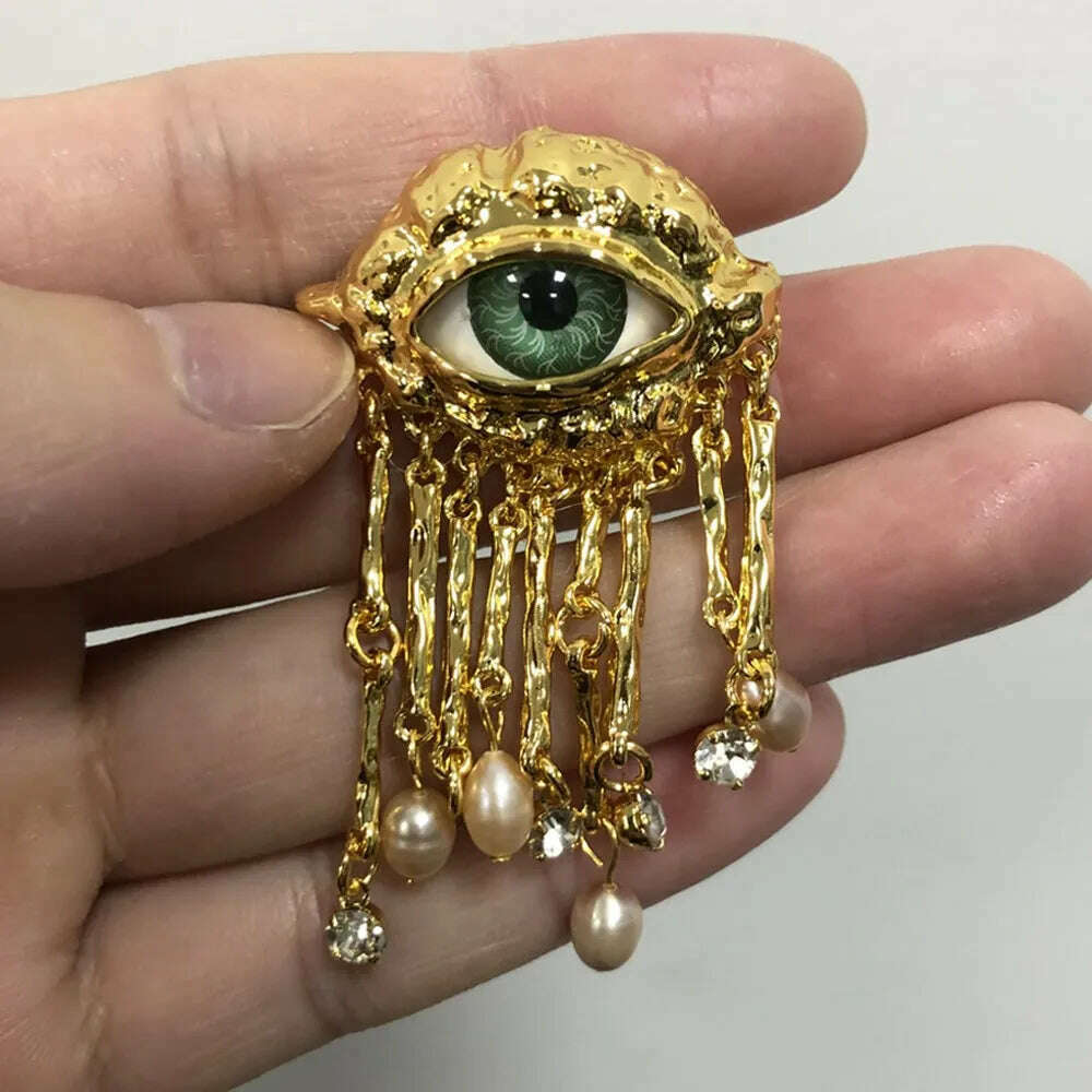 Women Men Vintage Eyes of Demon Brooch Pins Exaggerated Trendy Style Imitated Pearl Delicate Tassels Metal Badge Jewelry - KIMLUD