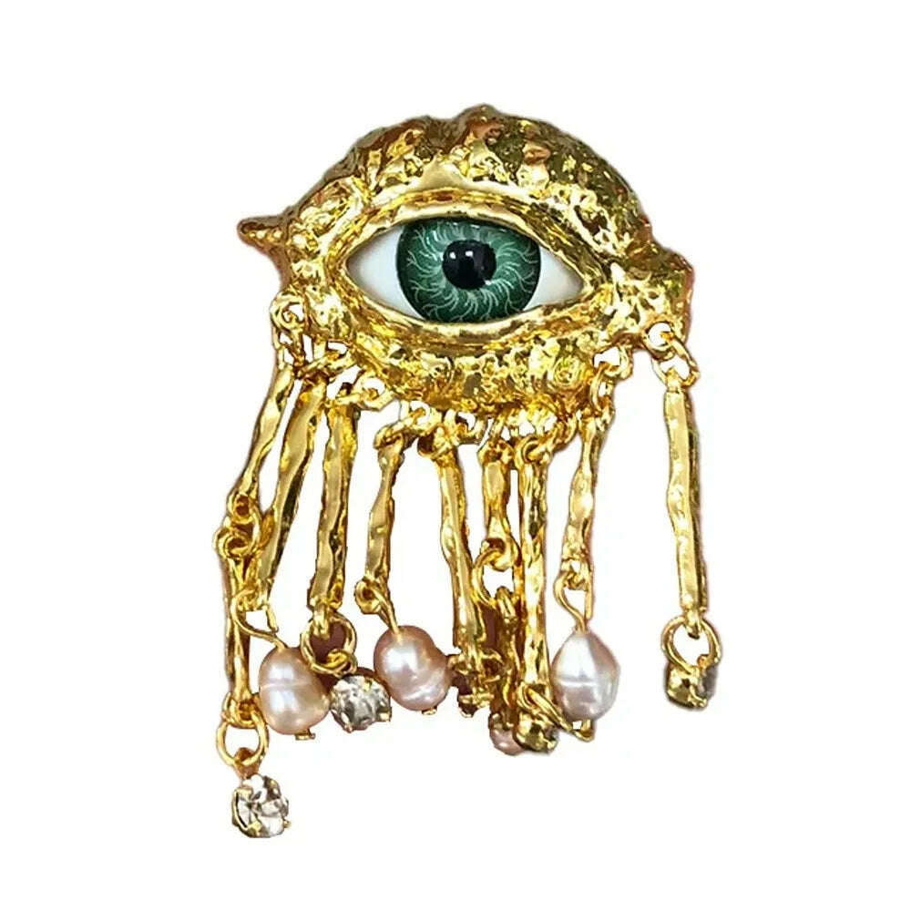 Women Men Vintage Eyes of Demon Brooch Pins Exaggerated Trendy Style Imitated Pearl Delicate Tassels Metal Badge Jewelry - KIMLUD