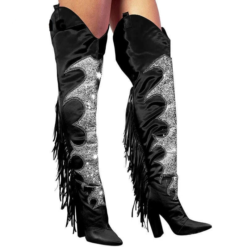 KIMLUD, Women Thigh High Block Heel Boots Pointed Toe Sequin Designs Fringe Boots Sexy Nightclub Cowboy Back Zip Shoes Botas De Mujer, Black Satin / 44, KIMLUD APPAREL - Womens Clothes