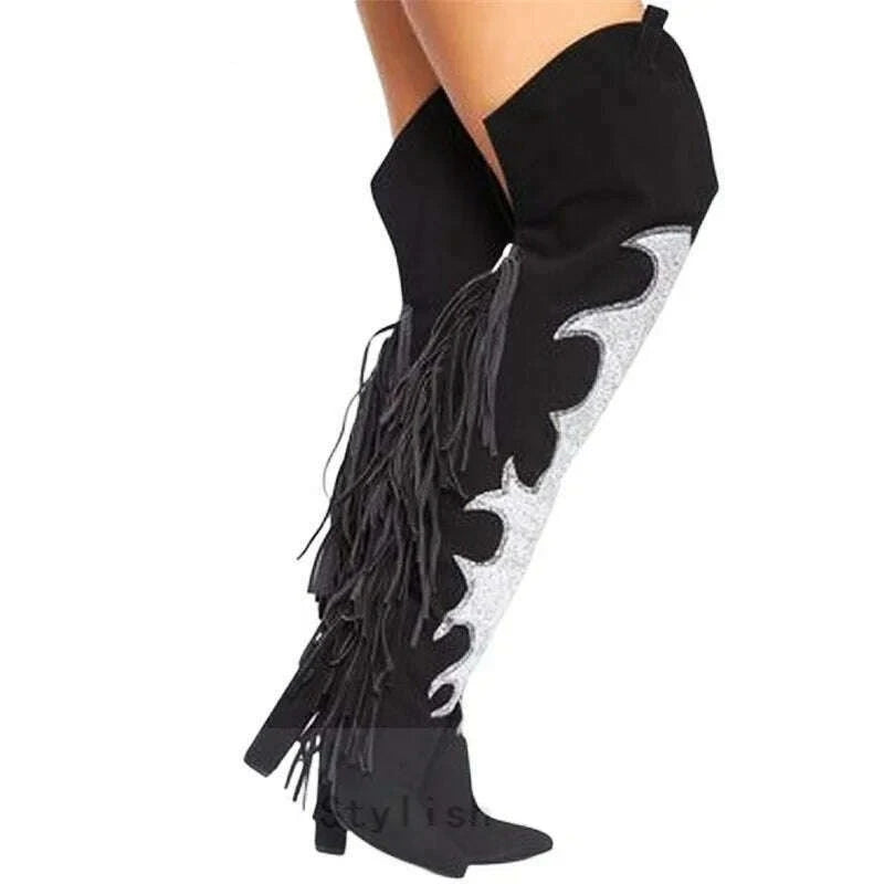 KIMLUD, Women Thigh High Block Heel Boots Pointed Toe Sequin Designs Fringe Boots Sexy Nightclub Cowboy Back Zip Shoes Botas De Mujer, Black Faux Suede / 39, KIMLUD APPAREL - Womens Clothes