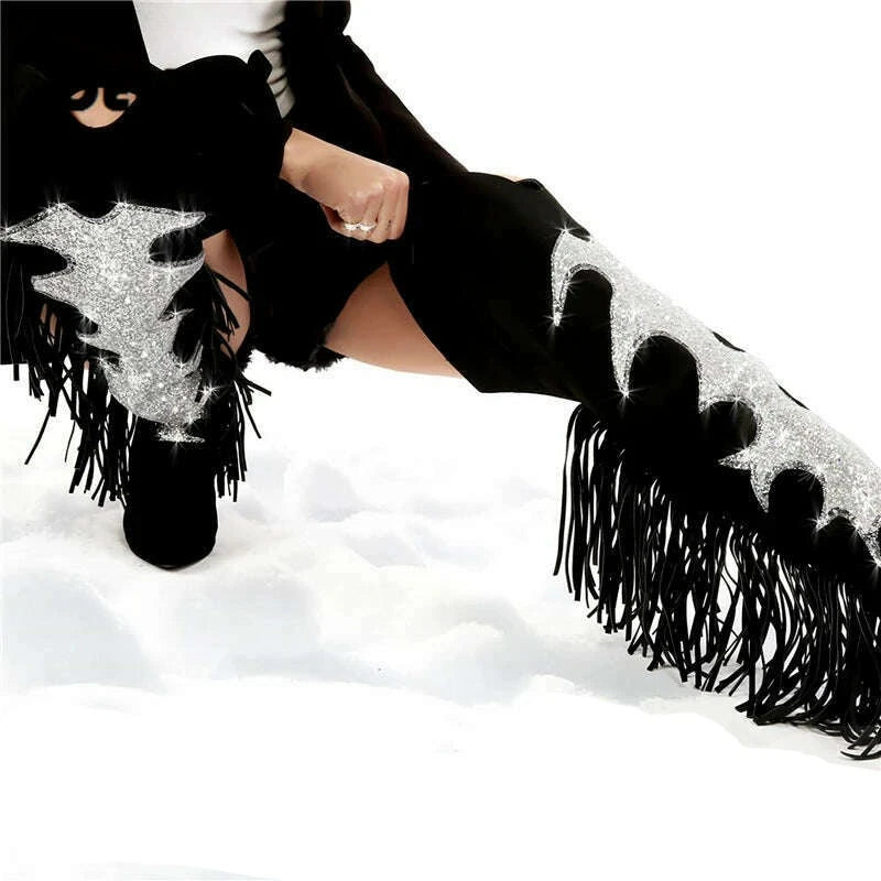KIMLUD, Women Thigh High Block Heel Boots Pointed Toe Sequin Designs Fringe Boots Sexy Nightclub Cowboy Back Zip Shoes Botas De Mujer, KIMLUD Womens Clothes
