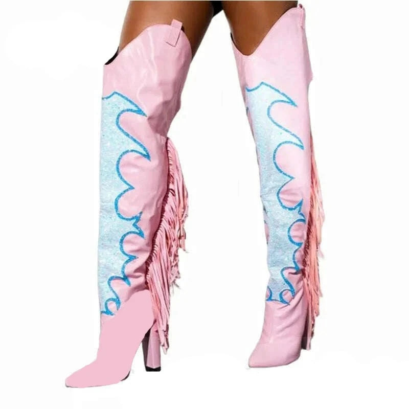 KIMLUD, Women Thigh High Block Heel Boots Pointed Toe Sequin Designs Fringe Boots Sexy Nightclub Cowboy Back Zip Shoes Botas De Mujer, KIMLUD Womens Clothes