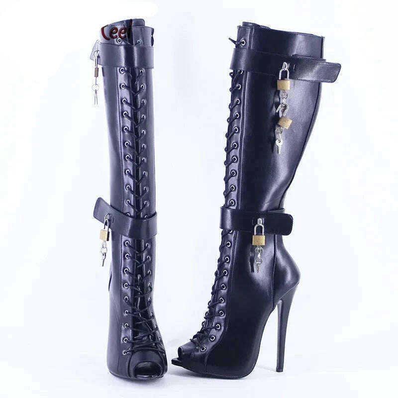 KIMLUD, Wonderheel New 16cm Stiletto heel Matte Leather Sexy Peep Toe Nightclub Lockable Padlock Buckles Straps Knee High Boots Big Size, KIMLUD Women's Clothes