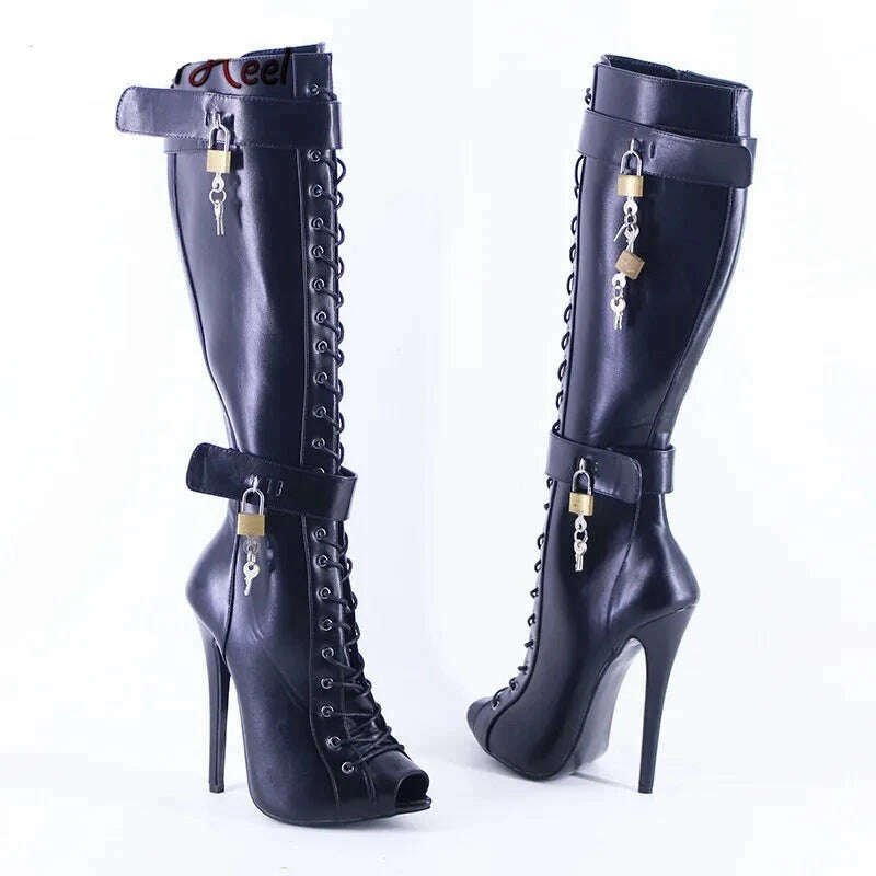 KIMLUD, Wonderheel New 16cm Stiletto heel Matte Leather Sexy Peep Toe Nightclub Lockable Padlock Buckles Straps Knee High Boots Big Size, KIMLUD Women's Clothes