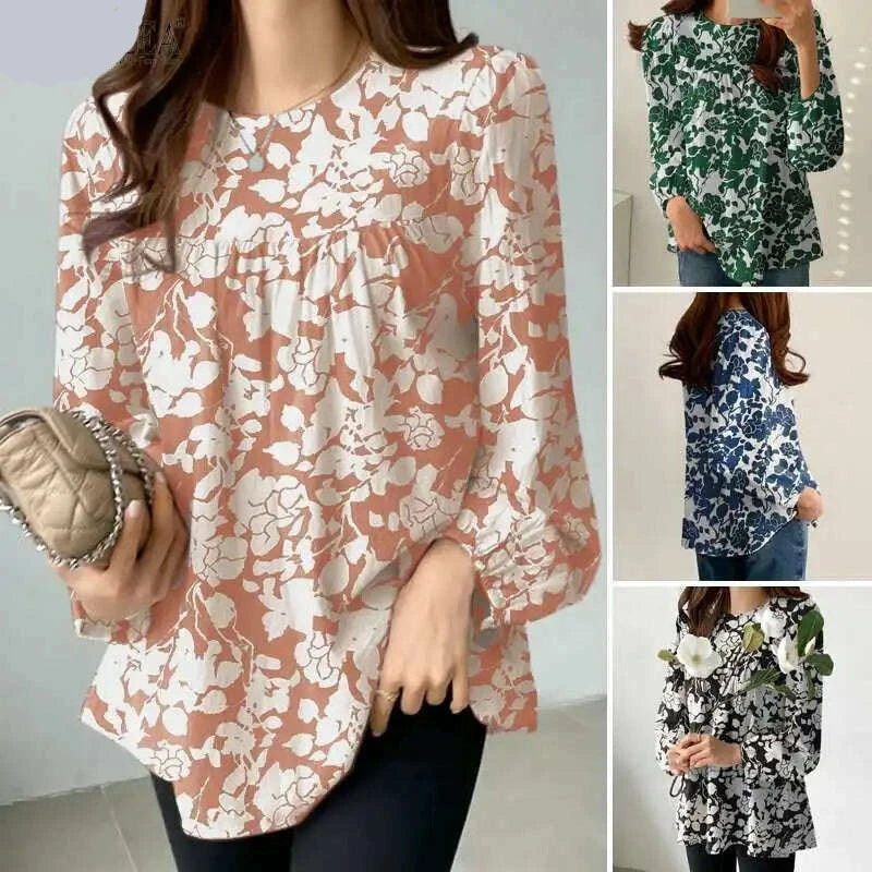 KIMLUD, ZANZEA Bohemian Floral Printed Blouse Fashion O-Neck Puff Sleeve Shirts Spring Female Elegant Blusas Holiday Loose Chemise 2023, KIMLUD Womens Clothes