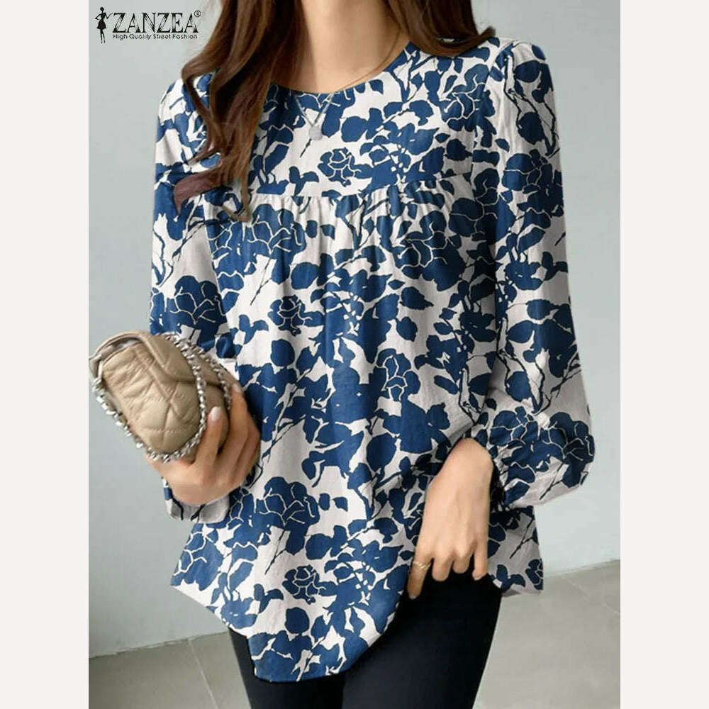 KIMLUD, ZANZEA Bohemian Floral Printed Blouse Fashion O-Neck Puff Sleeve Shirts Spring Female Elegant Blusas Holiday Loose Chemise 2023, KIMLUD Womens Clothes