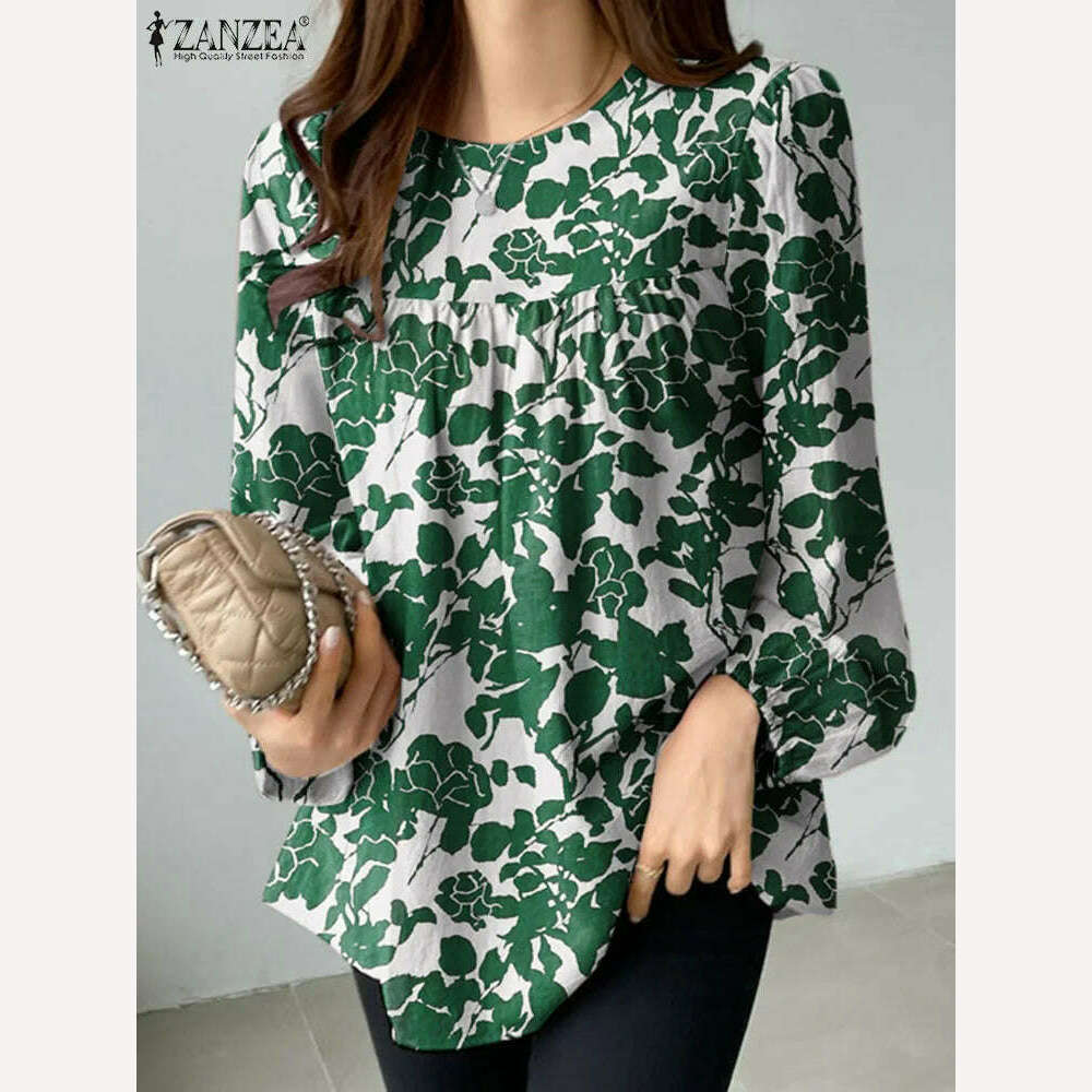 KIMLUD, ZANZEA Bohemian Floral Printed Blouse Fashion O-Neck Puff Sleeve Shirts Spring Female Elegant Blusas Holiday Loose Chemise 2023, Green / XL, KIMLUD APPAREL - Womens Clothes