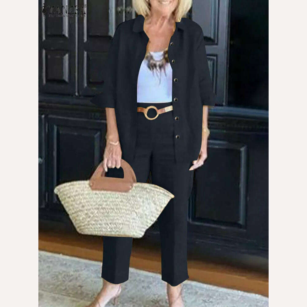 KIMLUD, ZANZEA Women Oversize Matching Sets Lapel 3/4 Sleeve Blouse Loose Pant Autumn Elegant Casual Suit Vintage Fashion Street Outfits, Dark Blue / S, KIMLUD APPAREL - Womens Clothes