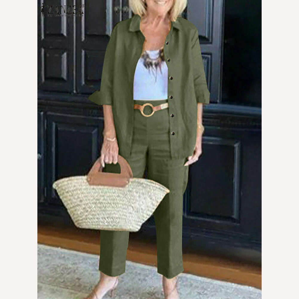 KIMLUD, ZANZEA Women Oversize Matching Sets Lapel 3/4 Sleeve Blouse Loose Pant Autumn Elegant Casual Suit Vintage Fashion Street Outfits, Green / 4XL, KIMLUD APPAREL - Womens Clothes