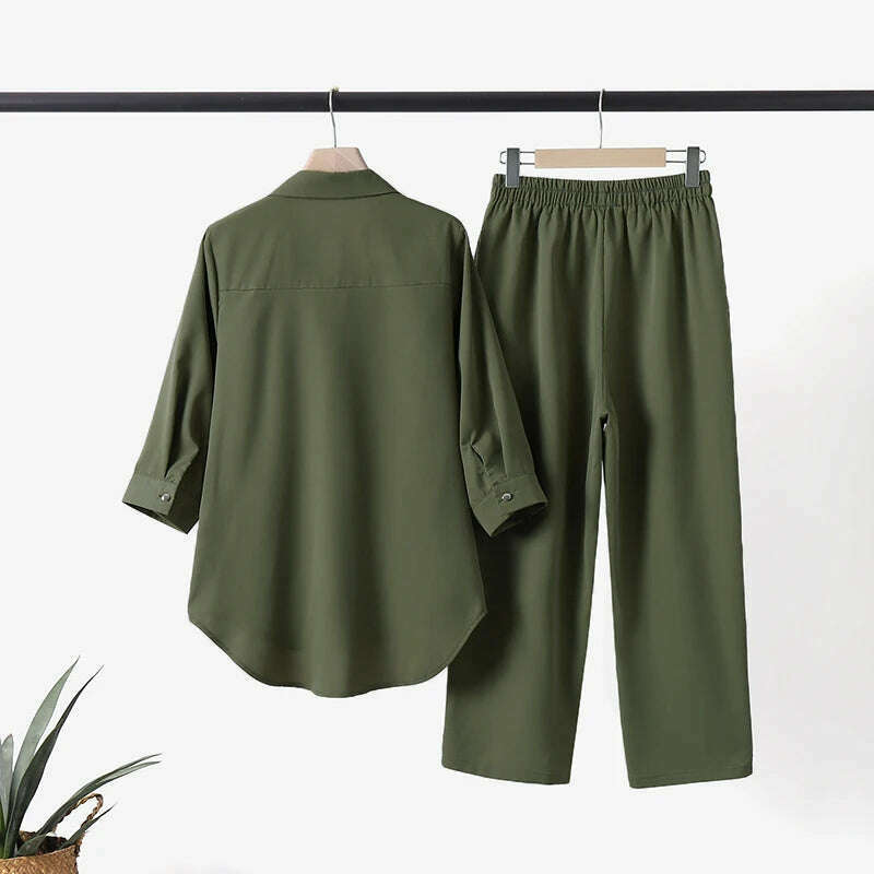 KIMLUD, ZANZEA Women Oversize Matching Sets Lapel 3/4 Sleeve Blouse Loose Pant Autumn Elegant Casual Suit Vintage Fashion Street Outfits, KIMLUD Womens Clothes