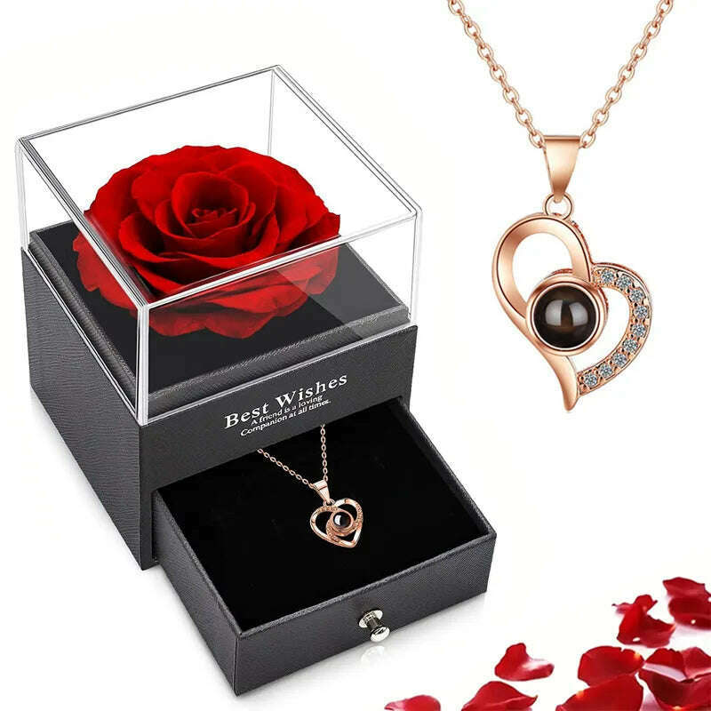 KIMLUD, Projection Necklace Set With Rose Gift Box 100 Languages I Love You Heart Pendant Jewelry 2023 Hot Sale Accessories Dropshipping, KIMLUD Womens Clothes