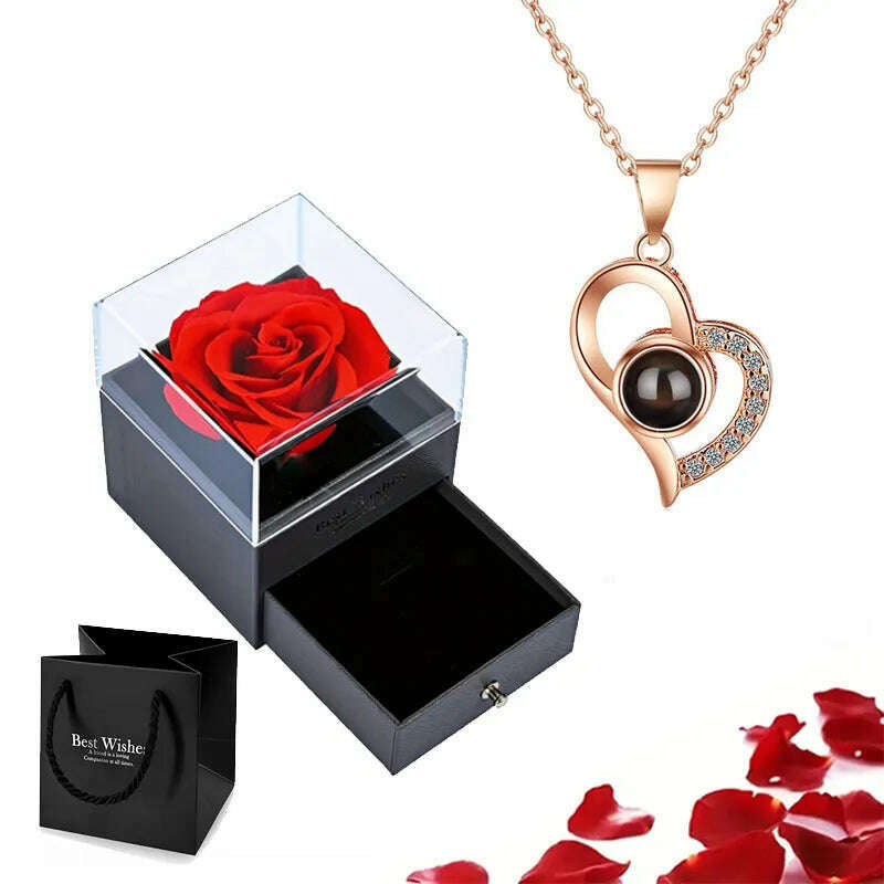 KIMLUD, Projection Necklace Set With Rose Gift Box 100 Languages I Love You Heart Pendant Jewelry 2023 Hot Sale Accessories Dropshipping, KIMLUD Womens Clothes