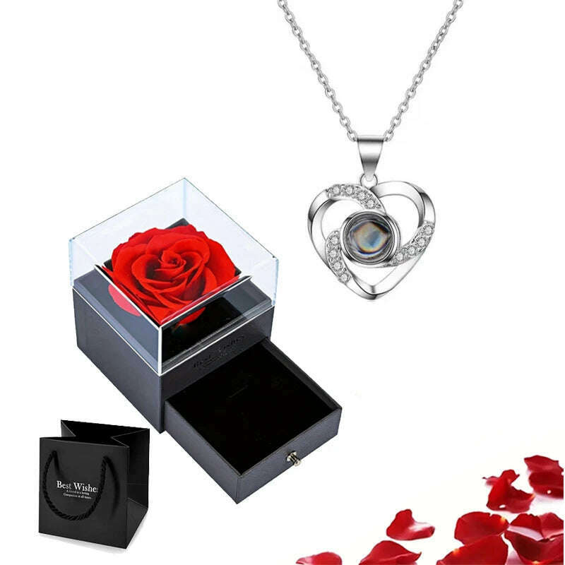 KIMLUD, Projection Necklace Set With Rose Gift Box 100 Languages I Love You Heart Pendant Jewelry 2023 Hot Sale Accessories Dropshipping, KIMLUD Womens Clothes