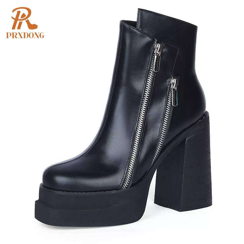 KIMLUD, PRXDONG 2023 Classic Women Ankle Boots Dress Working Autumn Winter Casual Thick High Heels Genuine Leather Shoes Woman Size 39, black / 34 / China, KIMLUD Womens Clothes