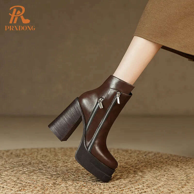 KIMLUD, PRXDONG 2023 Classic Women Ankle Boots Dress Working Autumn Winter Casual Thick High Heels Genuine Leather Shoes Woman Size 39, KIMLUD Womens Clothes