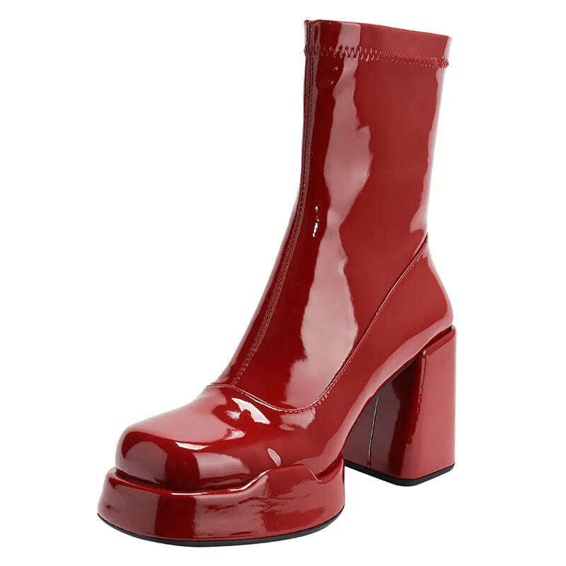 KIMLUD, Patent Leather Ankle Boots Round Toe Thick High Heels — Black | KIMLUD, KIMLUD Womens Clothes