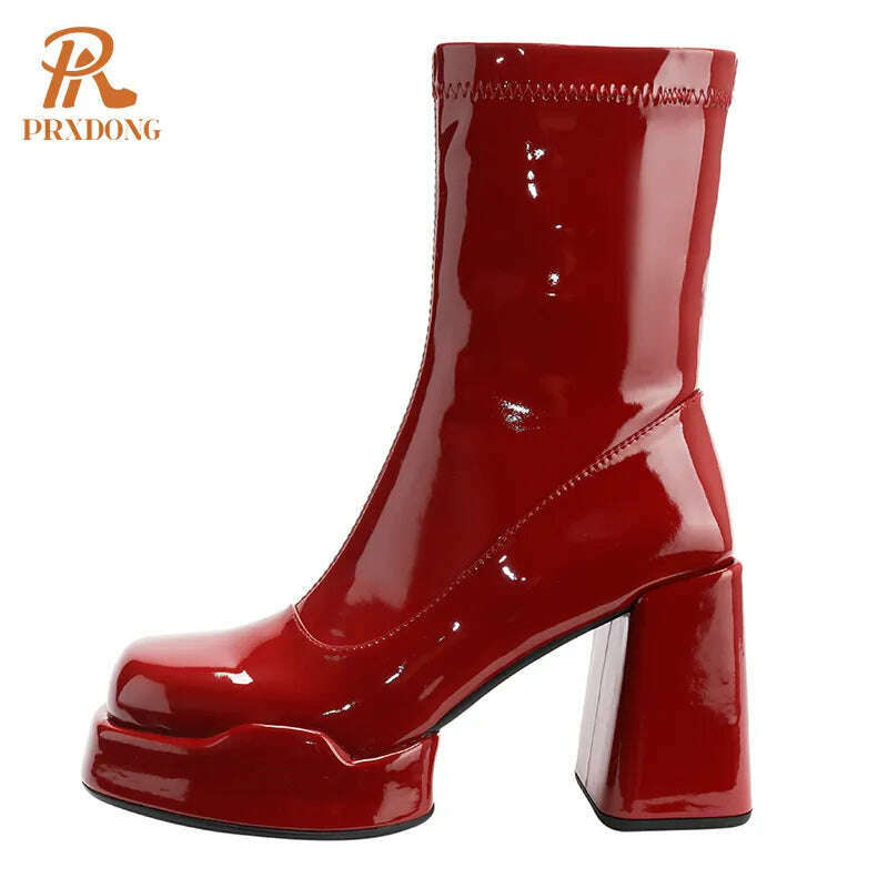 KIMLUD, PRXDONG 2023 Women's Shoes Ankle Boots Round Toe Thick High Heels Patent Leather Shoes Woman Autumn Winter Dress Office Ladies, KIMLUD Womens Clothes
