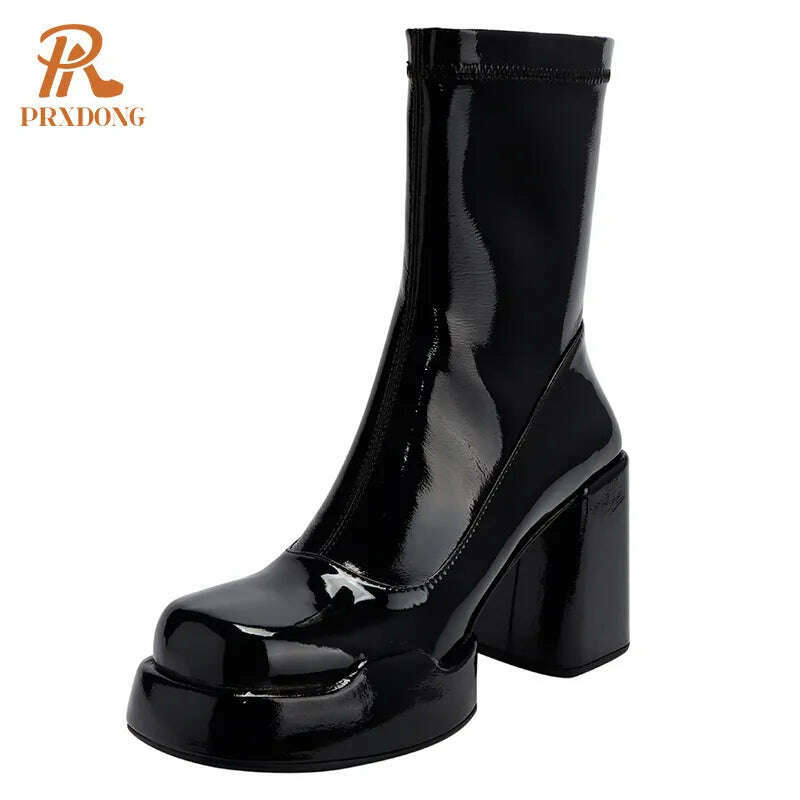 KIMLUD, PRXDONG 2023 Women's Shoes Ankle Boots Round Toe Thick High Heels Patent Leather Shoes Woman Autumn Winter Dress Office Ladies, black / 34 / China, KIMLUD APPAREL - Womens Clothes
