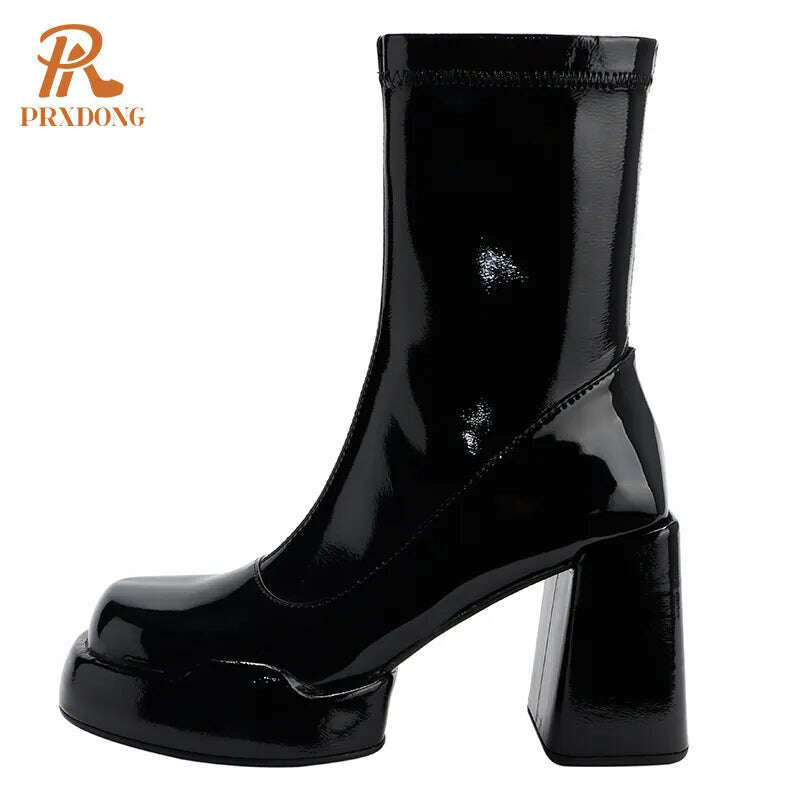 KIMLUD, PRXDONG 2023 Women's Shoes Ankle Boots Round Toe Thick High Heels Patent Leather Shoes Woman Autumn Winter Dress Office Ladies, KIMLUD Womens Clothes