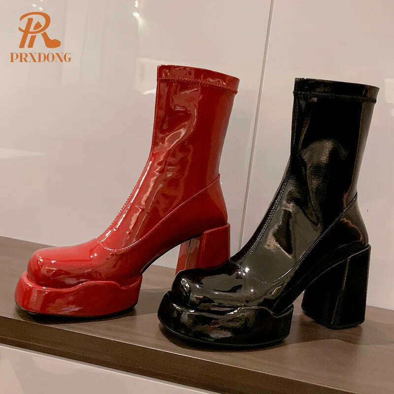 KIMLUD, PRXDONG 2023 Women's Shoes Ankle Boots Round Toe Thick High Heels Patent Leather Shoes Woman Autumn Winter Dress Office Ladies, KIMLUD Womens Clothes